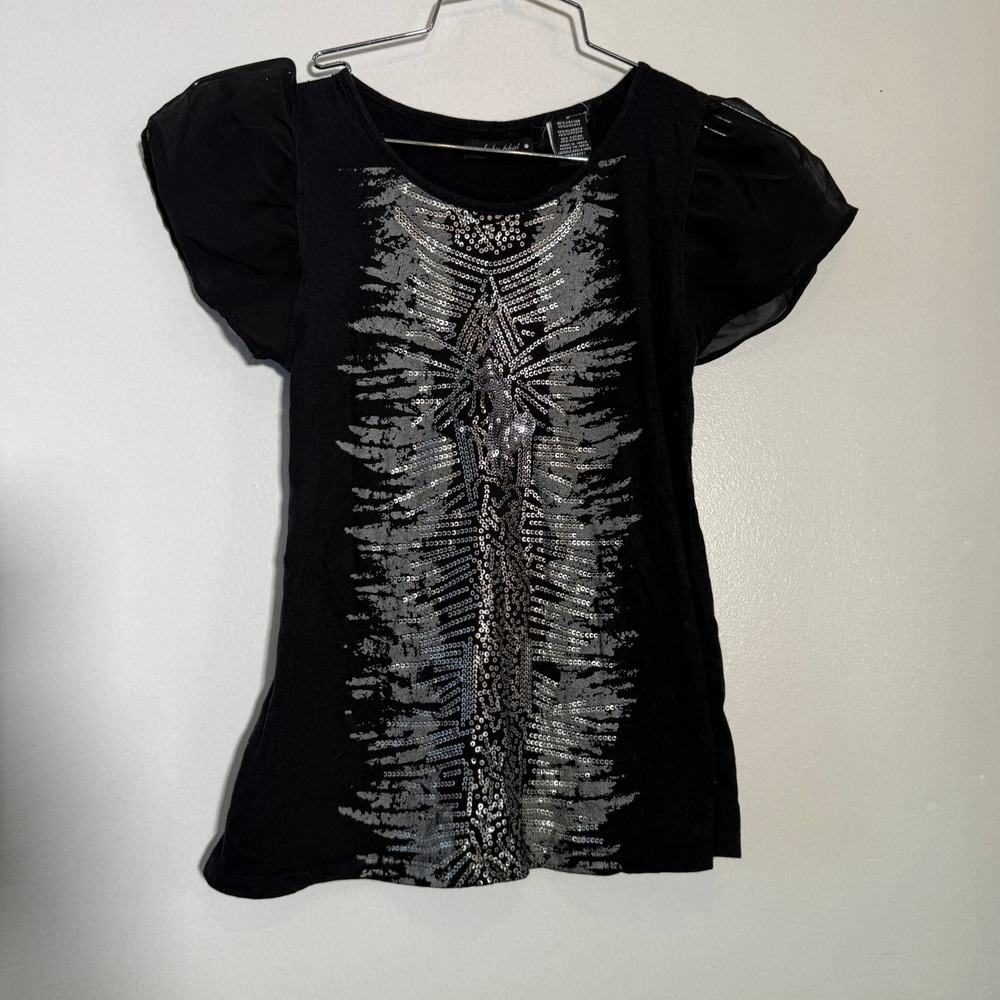 Baby Phat Sequin Cat Graphic Top Kids Medium‎ Black Sheer Puff Sleeve